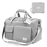 Flintronic Foldable Gym Duffel Bag - Lightweight Travel Overnight Weekend Holdall with Wet/Dry Separation - Grey