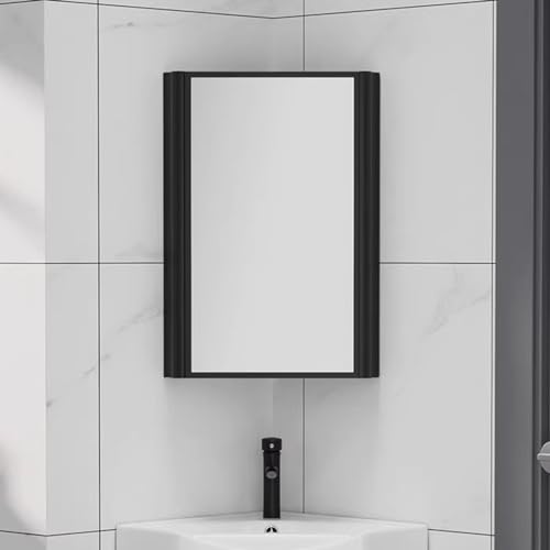 SUZEPER Wall Mount Bathroom Mirror Cabinet,Hanging 2 Shelf Storage Corner Cabinet with Mirror, Small Space Corner Vanity Mirror, Aluminum Alloy Waterproof Cabinet(12.6" D x 12.6" W x 19.7" H, Black)