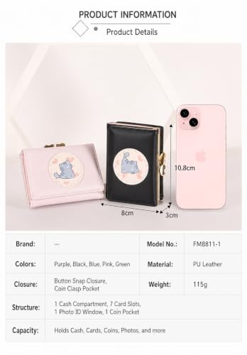 Image of Valerie Cute Small Wallets Clutch for Teen Girl Women PU Leather Trifold Small Wallet Cash Pocket 3D Buckle Card Holder Coin Purse with ID Window for Girls Women (Green cat)