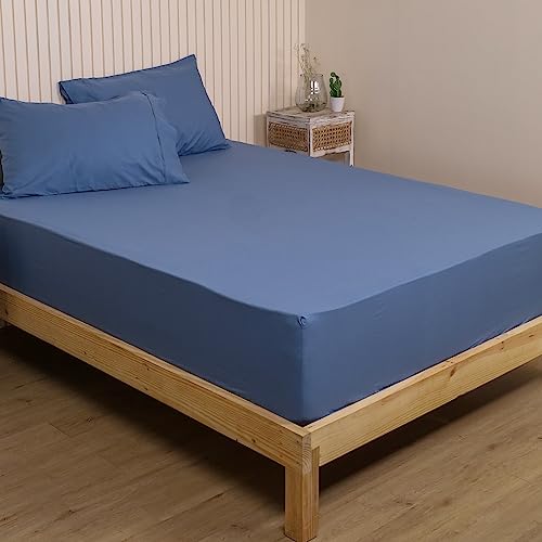 LINENWALAS 100% Pure Cotton Percale Fitted Sheet for Queen Bed Size Bedding with Pillow Cover for Bedroom, Soft Hotel Quality Bottom Bedsheets with Elastic Deep Pocket (60x78 Inch, Bahamas Blue)
