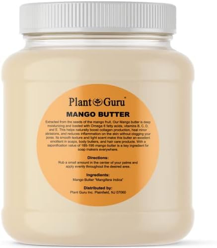 Plant Guru Raw Mango Butter 3 lbs. Bulk Jar - 100% Pure Natural Unrefined - Great for Skin, and Hair Growth. DIY Soap Making, Body Butters, Lotions and Creams.