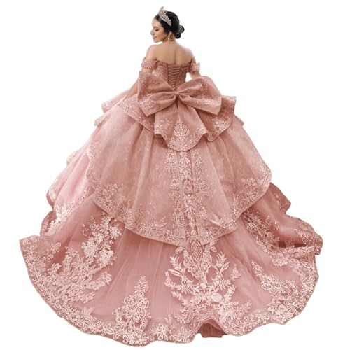 Mouccy Cute Rose Gold Quinceanera Dresses Off Shoulder XV Dress with Bow