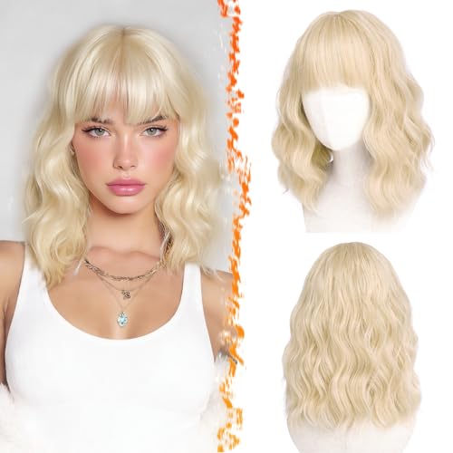 BARSDAR Light Blonde Short Wavy Wig with Bangs - Short