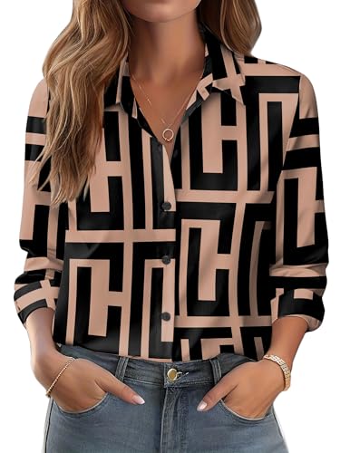 Zeagoo Camisas Mujer Verano Larga Camisas de Flores Cuello Mao Blusa Abotonada Antiplanchado Camisa de Negocios Elegante Blusa Beige Negro Geométrico XL