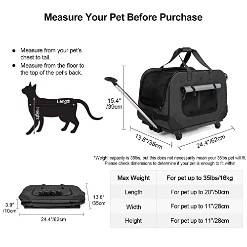 GJEASE Large Pet Rolling Carrier with Wheels for Up to 35 LBS(Upgrade Material-Sponge Filling),with Durable Handle and Flexible Wheels,Breathable and Collapsible Carrier for Small Medium Pets