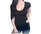 Ambiance Apparel Sexy Women's Black V-Neck Low-Cut Basic Short Sleeve T-Shirt Top (Medium)