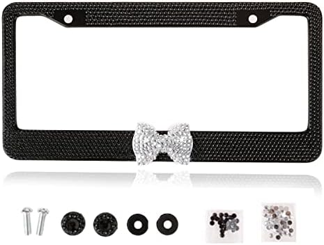 Fashion Handmade Premium Crystal License Plate Frames,Waterproof Bling Crystal License Plate Covers,US Universal Rhinestone License Plate Holder for Women(1 Frame,Black Frame White Bowknot)