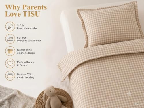 Image of TISU Toddler Crib Duvet Cover Sized 47 x 59 inch Gingham Patterned Soft Muslin Double Gauze Bedding Boy Girl Nursery Kids Sheet Bedsheets (Beige Gingham /Toddler)