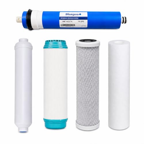 Bbagua Pack Recambio Ósmosis Inversa 5 Etapas, Membrana 75 GPD + 4 Filtros 10”, Sedimentos, GAC, Carbón Block y Postfiltro Coco.