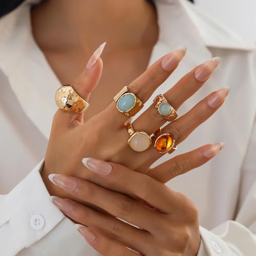 Gold Rings for Women Non Tarnish Unique Chunky Gem Stone Stackable Knuckle Ring Set Vintage Funky Stack Open Jewelry Rave Rock Accessories Pack4