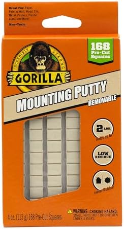 Gorilla Mounting Putty, Natural Tan Color, 168 Pre-Cut Squares (Pack of 1) - Non-Toxic Removable & Repositionable Wall Putty