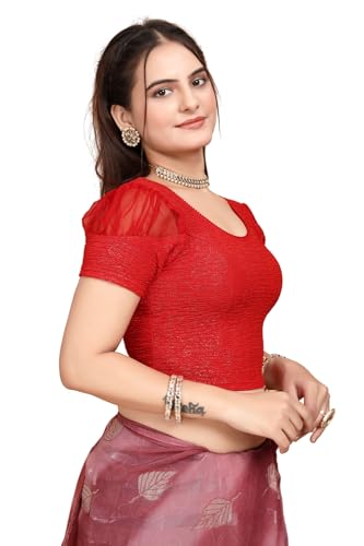 Image of SFT Women's Organza Patch Readymade Saree Blouse with Round Neck Half Sleeves Abstract Pattern Pull On Closure Regular Fit and Standard Length