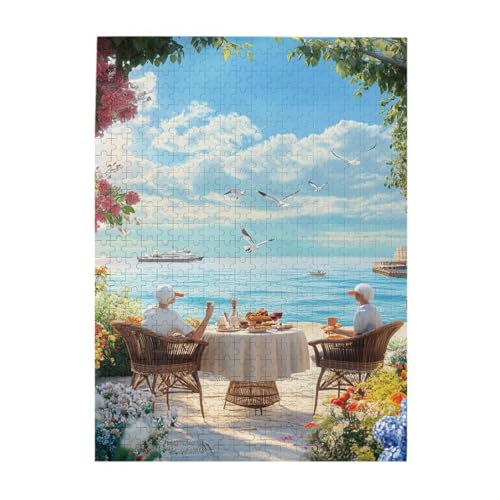RMYRHQ Seaside Afternoon Tea&Seagull Wooden Puzzles for Adults 500 Pieces Lush Flower Garden&Cruise Ship Design Immersive Coastal Scene for Stress Relief Gifts to Adults&Teens Thanksgiving Break