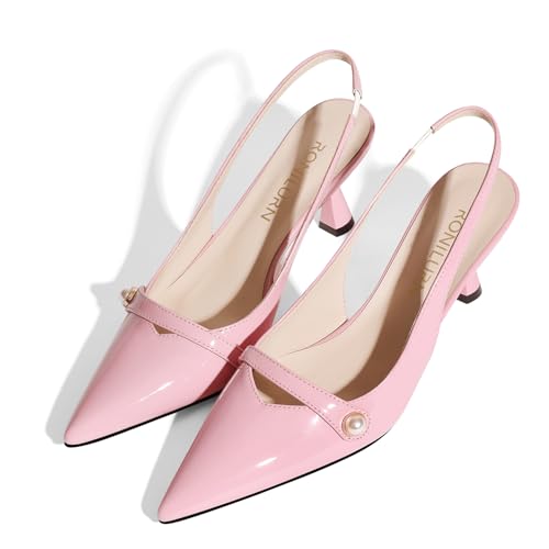 Image of Women Kitten Heels Slingback Low Heel Pumps Dress Shoes for Women Closed Pointed Toe Pearl Heels for Work Wedding Bridal