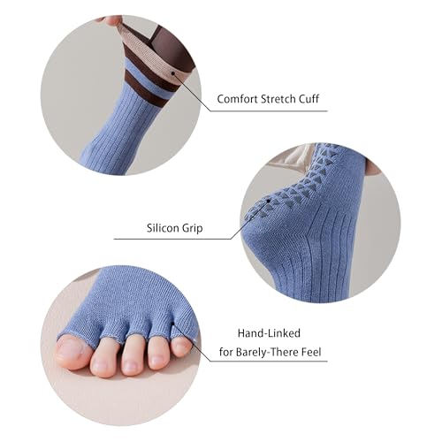 Womens Pilates Yoga Toe Socks with Grips Non Slip Cushioned Crew Socks Mid Calf for Barre Ballet