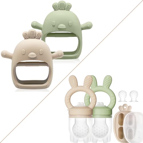 Image of Baby Teething Relief Package, Teething Mitten & Freezer Teether Feeder for 0-6 6-12 Months Babies, 100% Food Grade Silicone, BPA Free