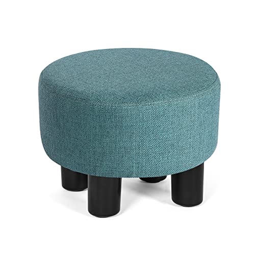 Joveco Small Foot Rest Stool Ottoman, Linen Round Short Low Foostool for Chair, Under Office Desk, Living Room, Teal Blue