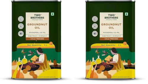 Image of TWO BROTHERS ORGANIC FARMS India's Only Certified Glyphosate Free Groundnut Oil, Made Using Farm Grown Groundnuts|Cold-Pressed And Single-Filtered Oil For Healthier Cooking|Kacchi Ghani /Mara Chekku, Natural And Unrefined 5 Litres Tin Can