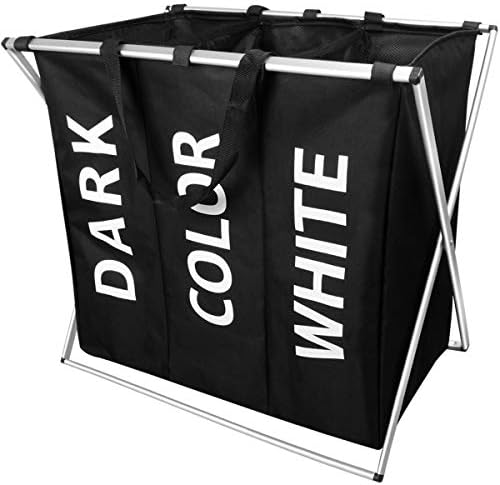 Olilio Large 3 Section Laundry Hamper Basket with Foldable Aluminium X-Frame 24.8" X 14.96" X 22.44" Dirty Clothes Bag with Handle for College Apartment Home Use