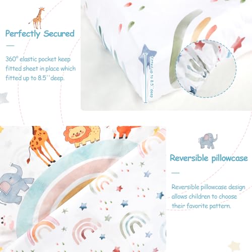 Image of Toddler Bedding Set, 4 Pieces Toddler Comforter Set for Girls Boys Kids, Ultra Soft Toddler Bed Sheets Set in a Bag, Includes Comforter, Fitted Sheet, Flat Sheet, Pillowcase, Rainbow Animal