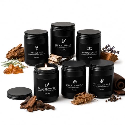 Image of Scented Candles for Men, 6 Masculine Scents Set, 42oz Total | 200H-250H Burn Time, Woody Manly Gift Set, Smoked Vanilla, Black Teakwood Santal & Vetiver for Him