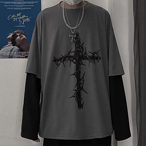 Gai Grunge Gothic Clothes Harajuku Fashion Alt Emo Clothing Oversized Casual Long Sleeves Crewneck T-Shirt Tee Streetwear (L, Grey) #TOP3