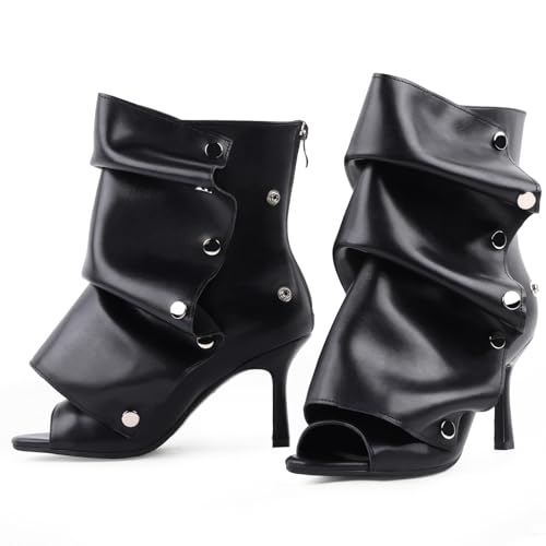 FancyQueen Open Toe Ankle Boots, Black Stiletto High Heels Slouchy Summer Boots Fold Over Slouch Shark Peep Toe Booties for Office Party, Snap-off Panel, Pointed Toe