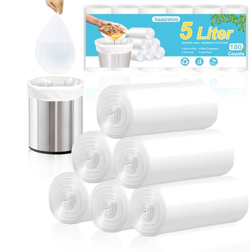 180 Counts Small Bin Bag 5L Pedal Trash Can Clear Bin Liners for Bathroom Bedroom Toilet Kitchen Unscented White Garbage Bags Fits 3-6 Rubbish Bins