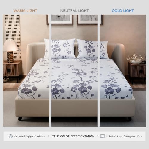 Image of BLISSHOME SoftTouch 140TC Cotton King Size Fitted Bedsheet with 2 Pillow Covers, Silky Smooth Bedding Set, Breathable, Easy Maintain, Floral Print - Violet (182cm x 198cm x 25cm Drop)