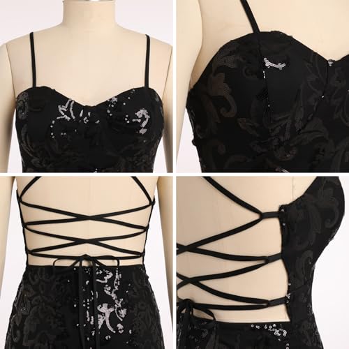 Teen Dresses for School Dance Dresses for Teens Women's Spaghetti Straps Sparkly Sequin Homecoming Dresses Party Short HOCO Dress Summer Sleeveless Backless A Line Tie Back Swing Mini Dress Black S