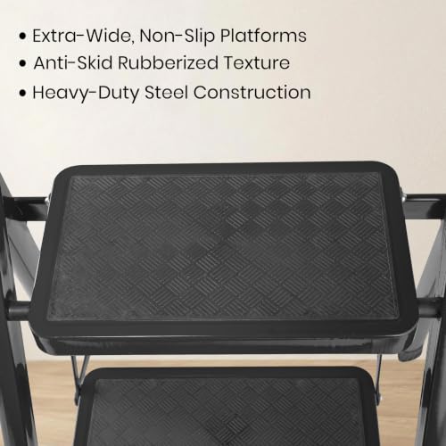 Image of Casa Copenhagen Black 4 Step Ladder for Home Use with Built-in Tool Tray | Heavy Duty D Shape Rods | Ultra Large Platform | Wide Rubber Feet | 150Kg Capacity Foldable Ladder - 7 Years Warranty