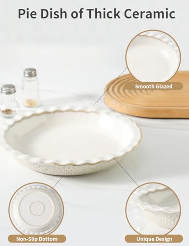 Ceramic Pie Dish for Baking, 9 inch Porcelain Pie Pan, Fluted Pie Plate for Apple, Quiche, Pot Pies, Tart, Modern Farmhouse Bakeware, Vanilla White