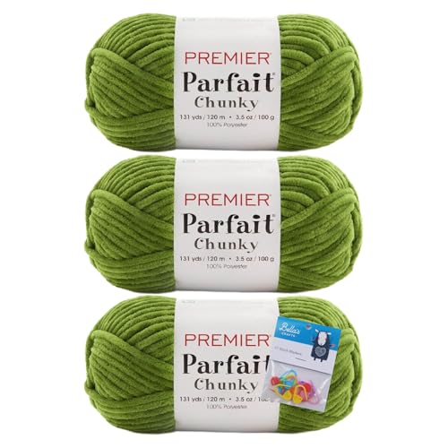 Image of Premier Yarns Parfait Chunky Chenille 3.5 Oz 6 Super Bulky Weight 3 Pack Bundle with Bella's Stitch Place Holders (Goblin)