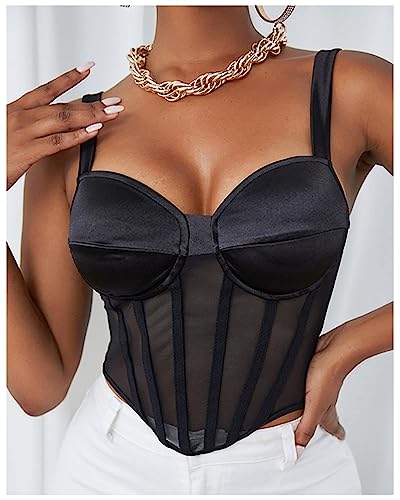 Feazac Women Mesh Bustier Elegant Strapless Open Back Corset Crop Top Y2K Sexy Vintage Strap Open Back Boned Corset Going Out Party Crop Top Mesh-Black,Medium #TOP3