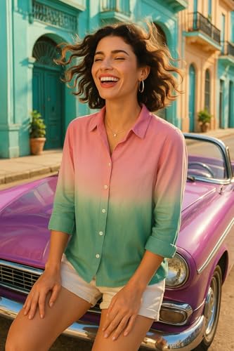 Image of Maaesa Women Handmade Ombre Tie & Dye Rayon Shirt | Relaxed Fit | Lightweight Breathable | Long Sleeve Button-Down | Classic Collar | Casual & Office Wear