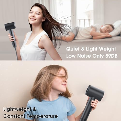 LKV 1500W Professional Ionic Hair Dryer with 200 Million Negative Ions - Fast-Drying, Low Noise, Lightweight for Home and Travel - Dark Gray