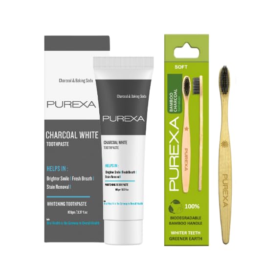 PUREXA Charcoal White Toothpaste with Bamboo Toothbrush | Whitening, Plaque Removal, Enamel Protection | Soft Charcoal Bristles for Fresh Breath-image-25