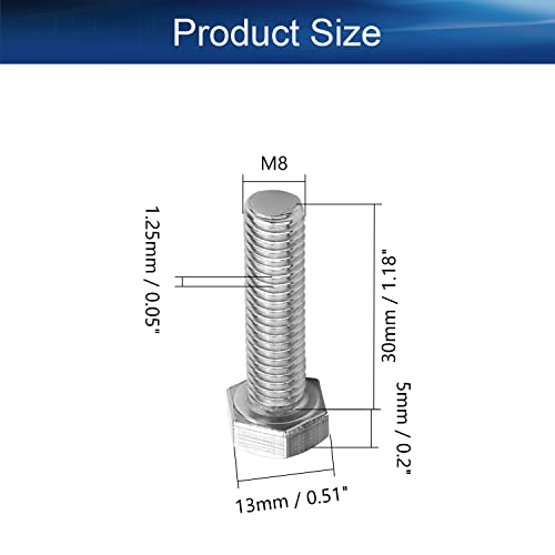 Image of Bettomshin 2Pcs M8 x 30mm Hex Bolts, 304 Stainless Steel 1.25mm Thread Pitch Fully Threaded Metric Hex Head Screw Bolts, Hexagon Screw Bolt, Hex Tap Bolts, Silver (Overall Size 34.8x13x13mm)