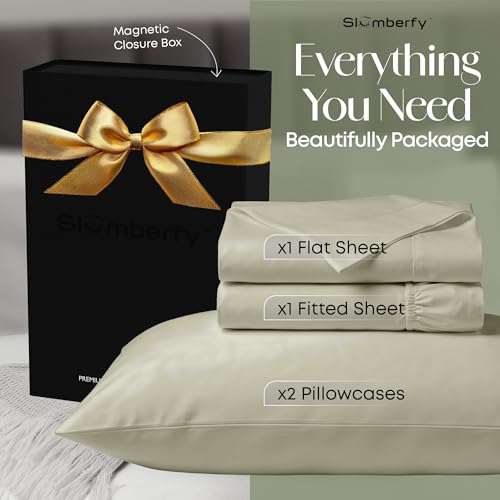 Image of Slumberfy 4-Piece 400 TC Viscose Derived from Bamboo Sheets, Queen Size - 1 Fitted, 1 Flat, 2 Pillow Cases - Deep Pocket Cooling Viscose-Bamboo Bed Sheets in Magnetic Closure Gift Box, Light Green