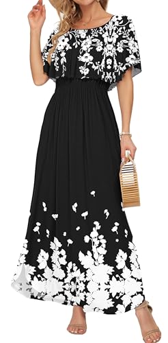 Image of AUSELILY Womens Off Shoulder Ruffle Split Summer Maxi Dresses with Pockets | Off-shoulder Ruffle dress with empire waist & side split for summer beach and casual parties