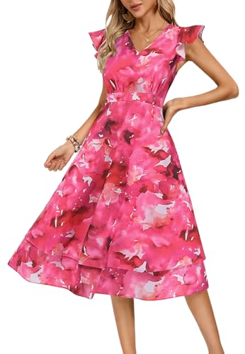 Damen Elegantes A-Linien Sommerkleid Blumenmuster lässiger bequemer Kleid Rot M