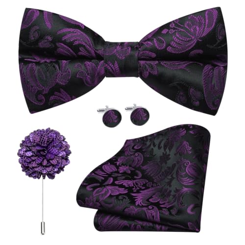 Image of Dubulle Mens Paisley Striped Bowtie Set Pre-tied Bowtie for Men and Pocket Square Set Wedding Business