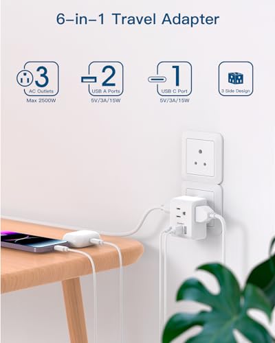 Image of 2 Pack India Power Adapter, One Beat Type D Plug Adapter with 3 American Outlets 3 USB Ports(1USB C), 6 in 1 India Travel Plug Adapter for US to India, Bangladesh, Kuwait, Maldives