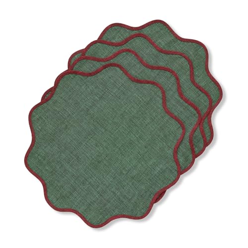 Solino Home 100% Pure Linen Placemats, 16 in Round, Red and Green, Set of 4