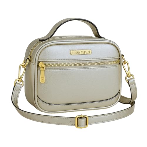 Bolsa Feminina Pequena Tiracolo Estilo Baú em Couro Sintético com Alça de Mão e Transversal removível, Compacta e Versátil para o Dia a Dia (Prateado)
