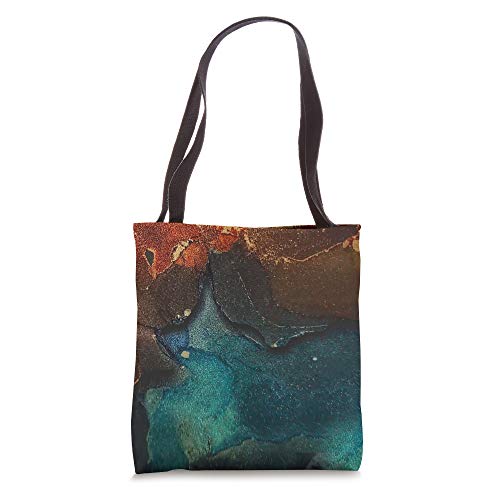 Bolso Tote con patrón moderno en tinta de alcohol naranja y verde azulado miniatura 1
