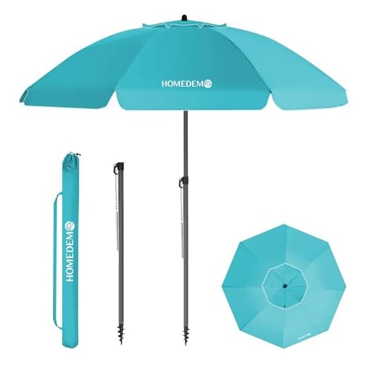 HOMEDEMO Parasol Plage Inclinable avec Revêtement Argenté, Protection Solaire UV50+, avec Pied d'Ancrage à Visser & Housse de Protection, pour Terrasse, Piscine, Marché, 200cm, Turquoise