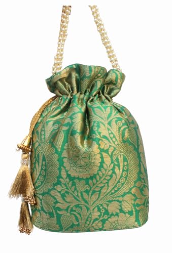 Image of MILAN'S CREATION Banarasi Silk Brocade Potli Bag Purse With Base Drawstring Women's handbag with Pearl Handle & Tassel Weddings