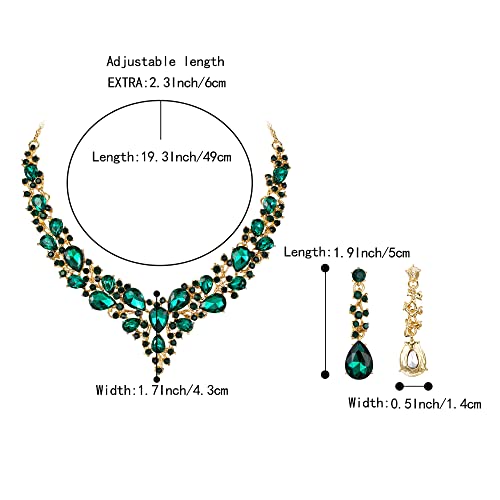 Brilove 12001778-22 Wedding Bridal Necklace Earrings Jewelry Set For Women Austrian Crystal Teardrop Cluster Statement Necklace Dangle Earrings Set Emerald Gold-Toned thumb #5