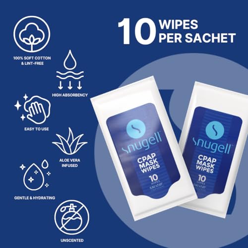 Image of Snugell Unscented Travel CPAP Mask Wipes - 12 Packs 10 Sheets Each - 100% Soft Cotton - Skin-Safe with Aloe Vera - Lint and Alcohol Free- Perfect On-the-Go Cleaning & Sanitizing CPAP Masks and Devices